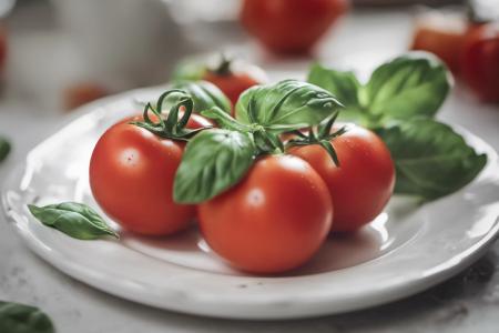 Tomaten mit Basilikum auf einem weissen Teller